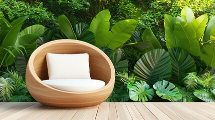 Poster - Wooden pod chair with white cushion nestled among tropical foliage