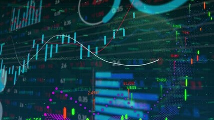 Poster - Dark chart opening sweeping lines over candlesticks rising histogram bars visualizing bullish trend