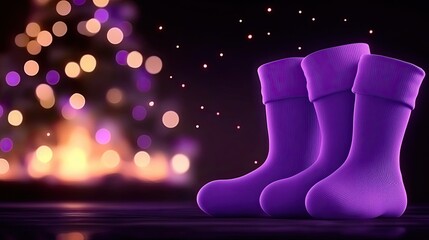 Poster - Three violet socks stand ready against holiday lights background