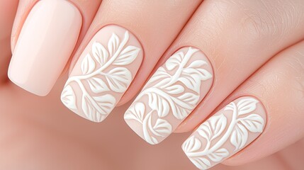 Poster - Elegant light pink nails with intricate white leaf design