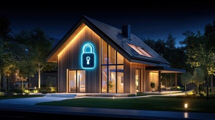 Poster - Modern home at night features security symbolized by a padlock