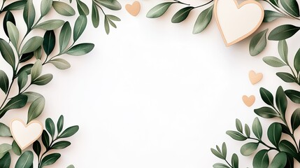 Poster - Green leaves and wooden hearts frame a white background