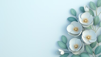 Poster - Delicate white paper flowers and green leaves on pale background