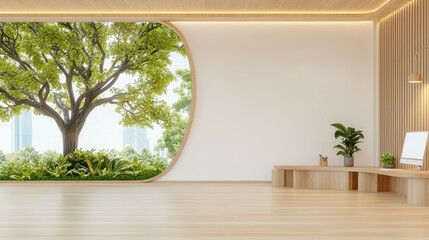 Poster - Minimalist interior featuring a tree framed by a rounded window
