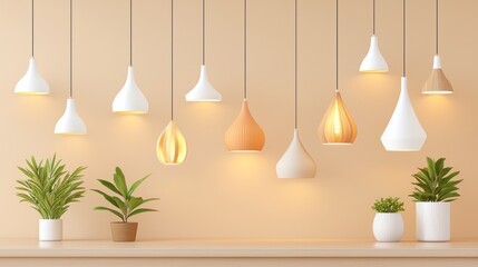 Aufkleber - Stylish hanging pendant lights illuminate plants on a simple shelf