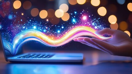 Aufkleber - Laptop emits colorful energy wave towards a waiting human hand