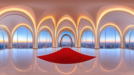 Poster - Luxurious hall with archways leading to a cityscape view