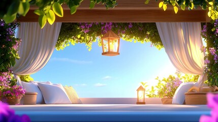 Poster - Tranquil outdoor lounge featuring hanging lanterns and blooming flora