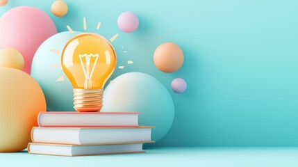 Aufkleber - Lightbulb on books representing ideas knowledge and pastel colors