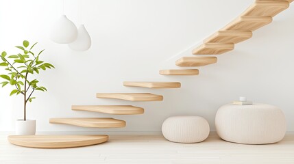 Aufkleber - Light and airy interior showcases floating wooden stairs design