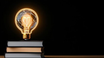 Aufkleber - Glowing lightbulb with world map filament atop stacked books