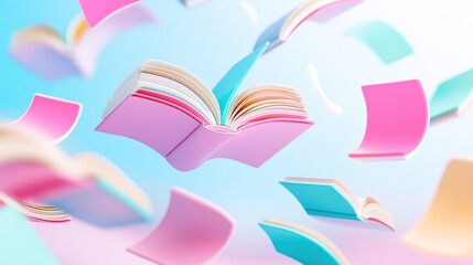 Aufkleber - Colorful stylized open books float against pastel gradient background