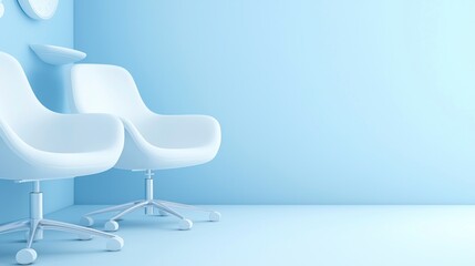 Aufkleber - Two minimalistic white chairs stand against a pale blue wall