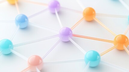 Poster - Connected pastel spheres form a network on a white background