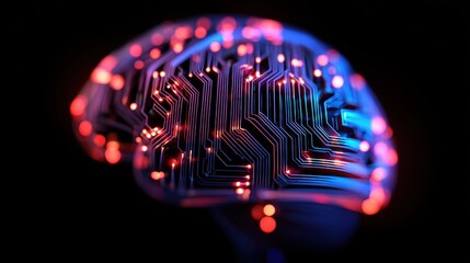 Poster - Abstract representation of a brain with circuit patterns and glowing lights on a dark background