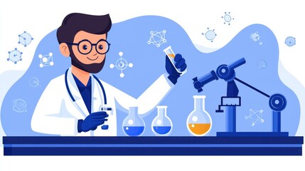 Aufkleber - Scientist in lab coat conducts experiment with robot assistance