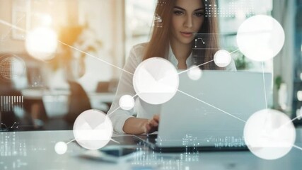 Poster - Focused woman analyzing data on laptop with digital overlay at modern workspace