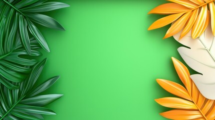 Aufkleber - Tropical leaves frame a vibrant green background in a rendering