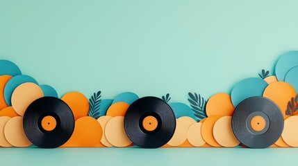 Poster - Three vinyl records surrounded by paper circles and leaves
