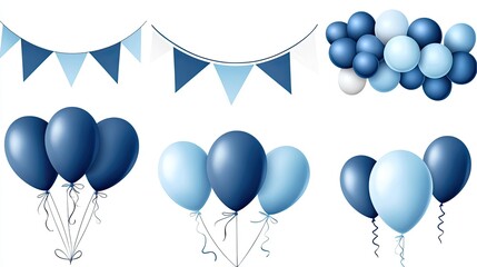 Poster - Illustration of blue balloons and bunting decorations on a white background