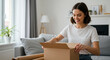 © SSTC AI Photo&Video - Unboxing excitement a young woman in a cozy living room opens a package lifestyle content home environment joyful viewpoint consumer experience