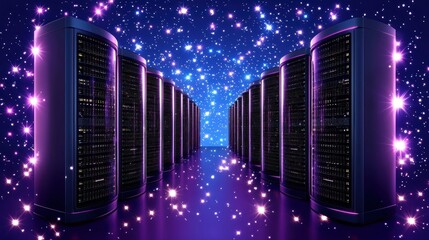 Poster - Rows of server racks under a starry sky background