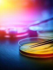 Poster - Close-up of a scientist's hand using tweezers to manipulate a petri dish in a vibrant lab setting