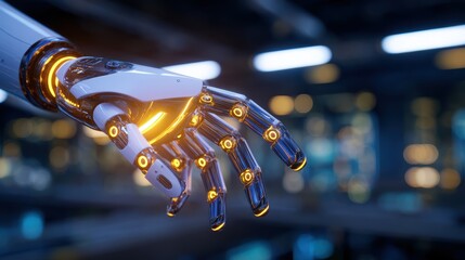Poster - Futuristic robotic hand with glowing elements reaching out in a high-tech environment