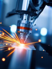 Poster - High-tech laser cutting process in a modern industrial workshop with sparks flying