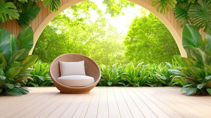 Poster - Wicker chair and lush greenery create a peaceful outdoor space