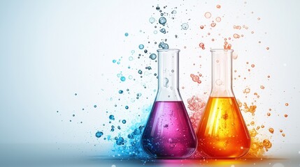 Poster - Two glass beakers filled with vibrant bubbling colored liquids representing a dynamic chemical reaction or experiment taking place in a science laboratory setting