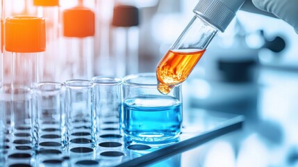 Poster - A close up image of various laboratory equipment and glassware used in scientific experiments and research including beakers test tubes pipettes and glass flasks containing colored solutions