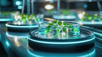 Poster - a close up view of glass containers filled with a bubbling green liquid placed on a shaker platform 