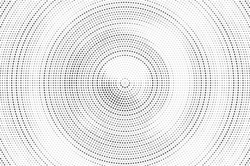Poster - Radial halftone gradient background. Dotted concentric texture with fading effect. Black and white circle shade wallpaper. Grunge rough vector. Monochrome backdrop