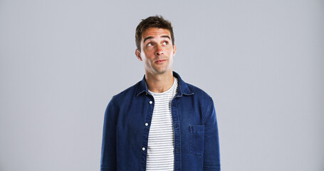 Aufkleber - Planning, thinking and vision with man in studio for daydreaming or memories on mockup space. Future, ideas and inspiration with thoughtful person on white background for problem solving or solution