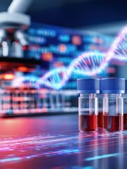 Poster - Laboratory scene showcasing blood samples in vials with a microscope and DNA strand visualization