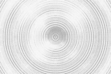 Poster - Radial halftone dots. Spotted and dotted stains gradient background. Concentric comic texture with fading effect. Black and white rough gritty wallpaper. Grunge monochrome geometric backdrop. Vector 