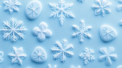 Poster - Various white snowflake shapes are arranged on a blue surface