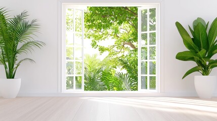 Aufkleber - Bright white room with open window showing lush greenery