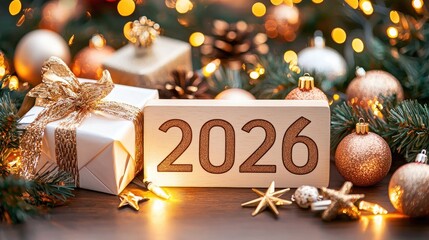 Poster - Holiday setup depicts the year twenty twenty six with gifts