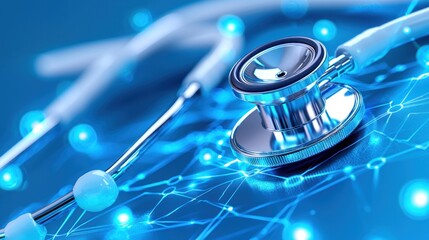 Poster - Stethoscope rests on futuristic blue digital network backdrop image