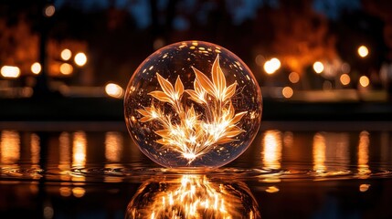 Aufkleber - Illuminated sphere containing floral design resting on water surface