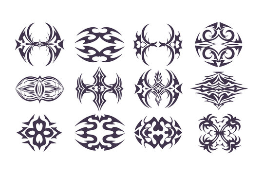 Collection of tribal tattoo designs. abstract symmetrical black vector art perfect for tattoo templates, logos, or decorative elements. Vector Illustration