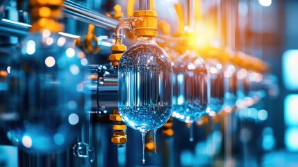 Poster - A modern industrial facility featuring advanced glass structures intricate vibrant lighting showcasing the technological progress and innovation in manufacturing and engineering