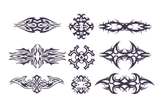 Collection of tribal tattoo designs. abstract symmetrical black vector art perfect for tattoo templates, logos, or decorative elements. Vector Illustration