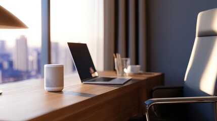 Poster - Modern office workspace with a laptop, coffee cup, and city skyline at sunset