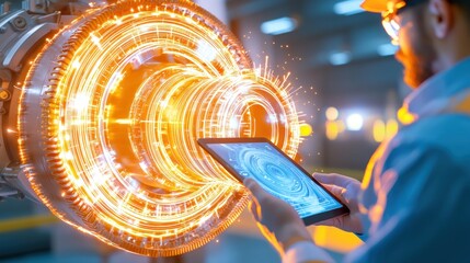 Poster - Engineer analyzes a high tech jet engine with a tablet