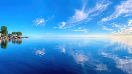Poster - Tranquil lake reflects bright blue sky and scattered white clouds