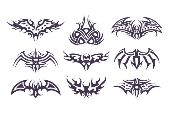 Collection of tribal tattoo designs. abstract symmetrical black vector art perfect for tattoo templates, logos, or decorative elements. Vector Illustration