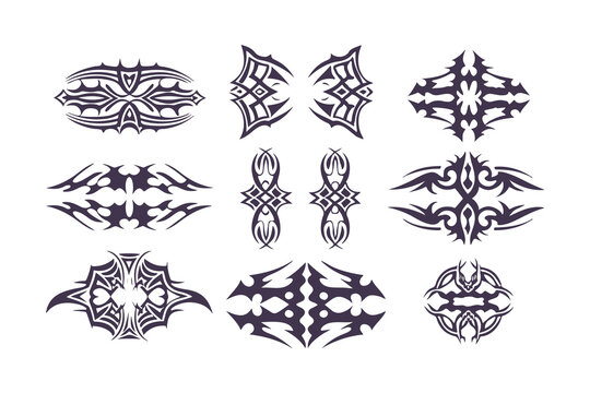 Collection of tribal tattoo designs. abstract symmetrical black vector art perfect for tattoo templates, logos, or decorative elements. Vector Illustration
